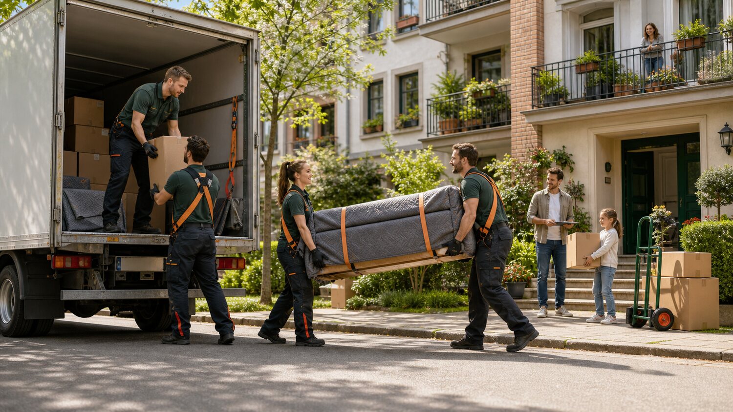 Umzugshelfer laden mit Tragegurten und Sackkarre Möbel in einen Lkw vor einem Wohnhaus