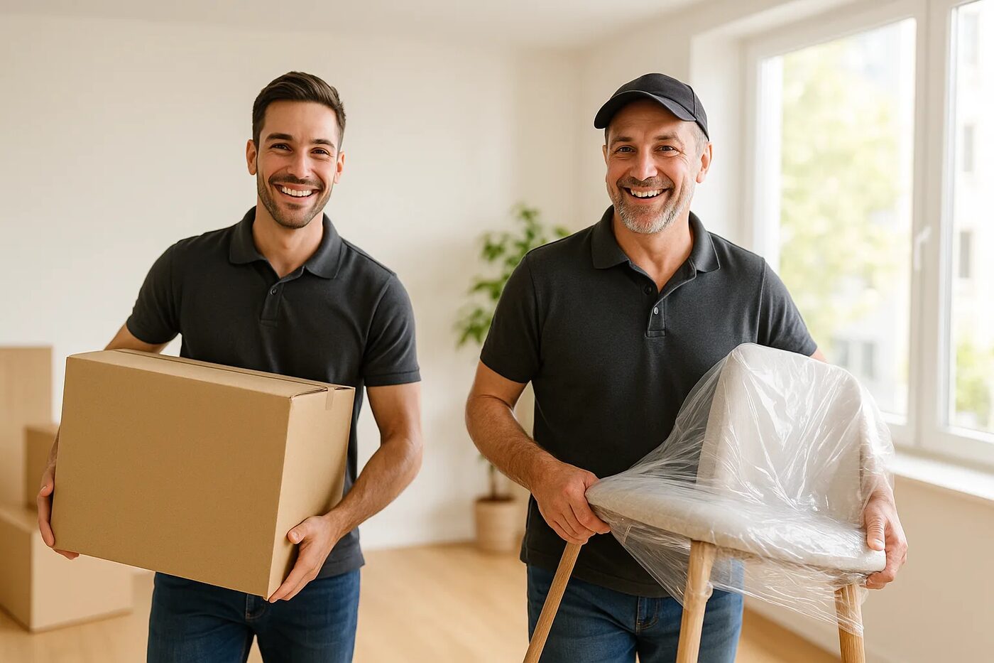 Zwei lächelnde Umzugshelfer tragen einen Karton und einen Stuhl in einer hellen Wohnung