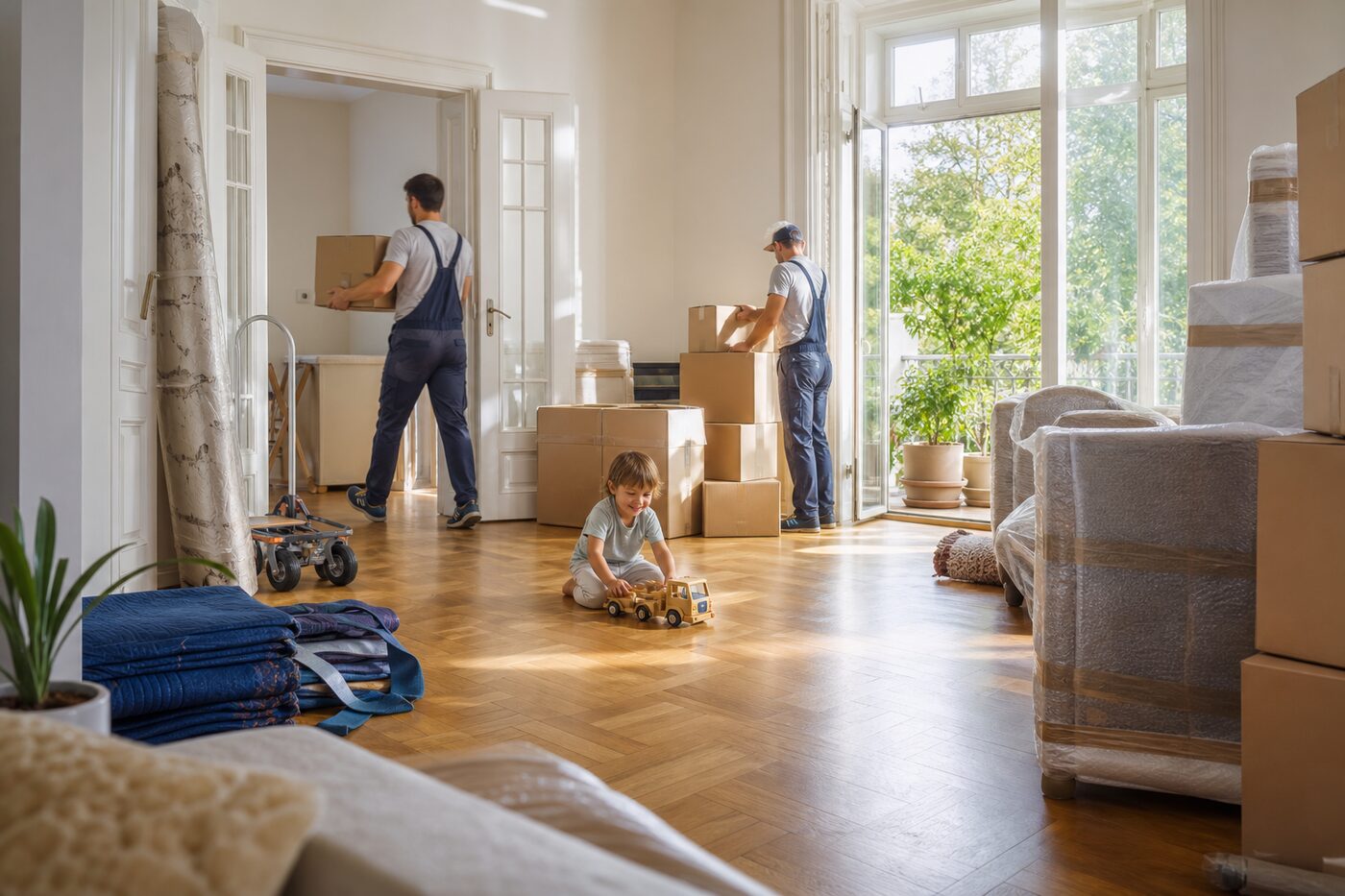 Zwei lächelnde Umzugshelfer tragen einen Karton und einen Stuhl in einer hellen Wohnung